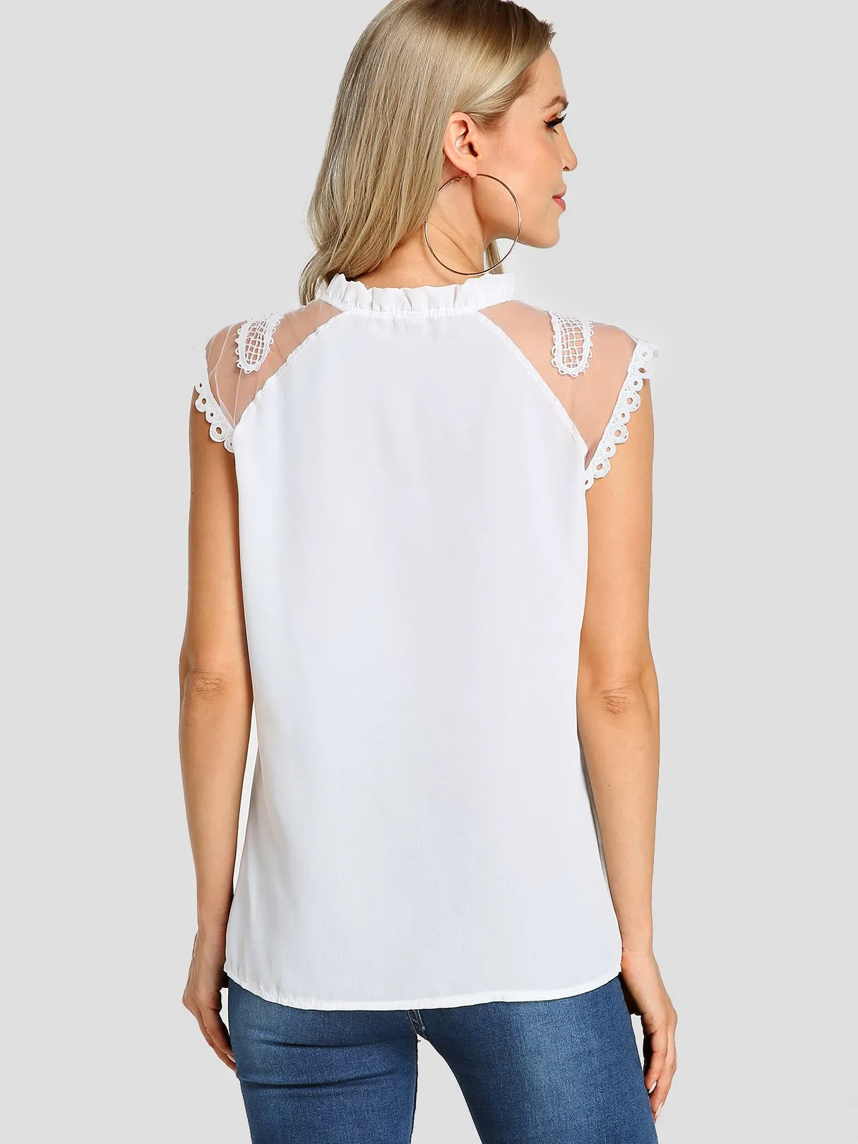 Custom V-Neck Plain Crochet Lace Embellished Self-Tie Sleeveless T-Shirts