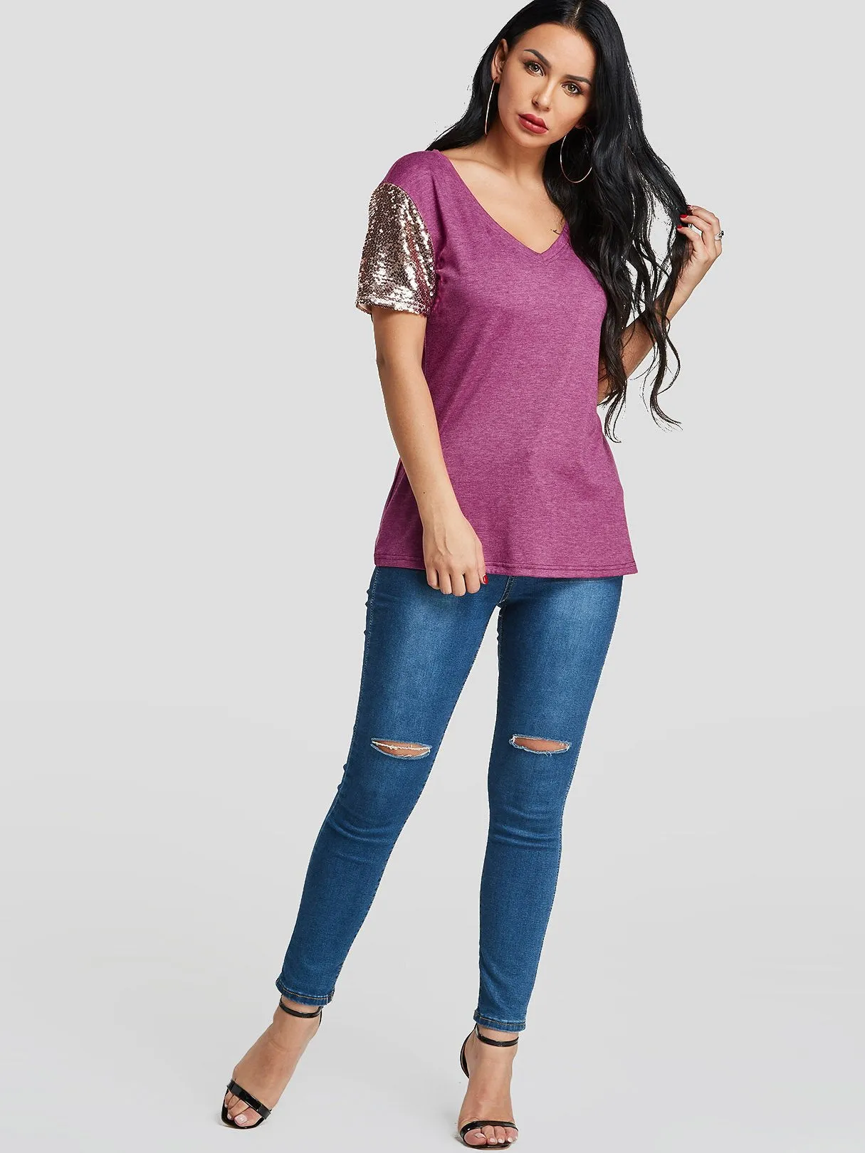 Custom V-Neck Sequins Embellished Short Sleeve T-Shirts