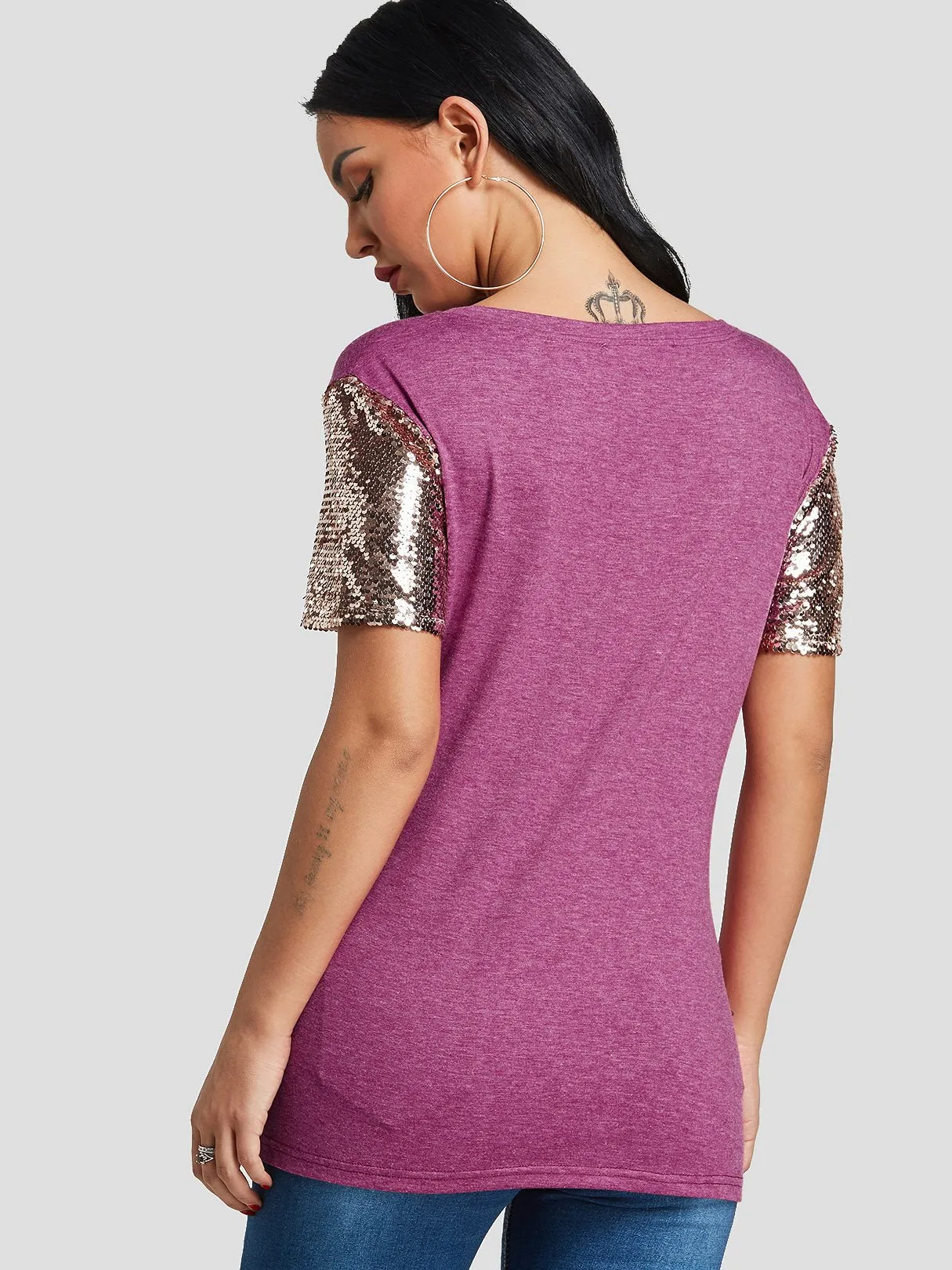 Custom V-Neck Sequins Embellished Short Sleeve T-Shirts