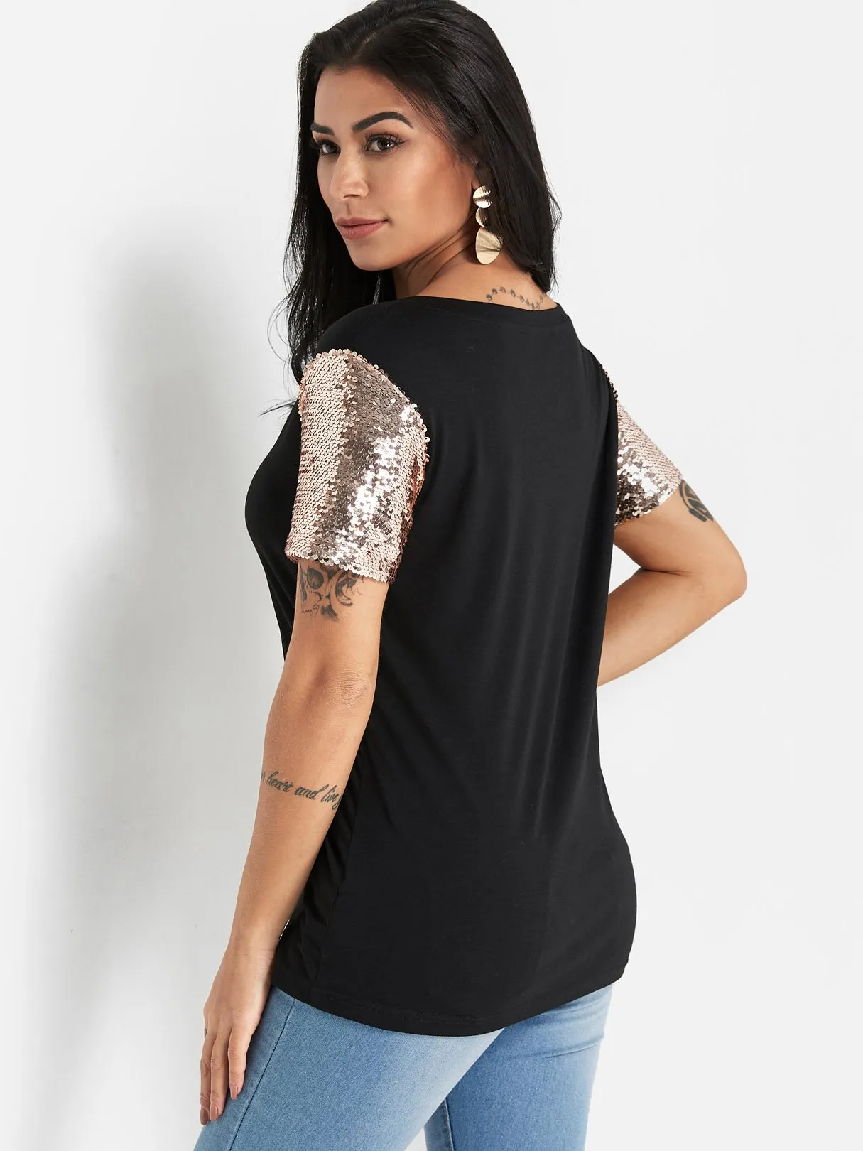 Custom V-Neck Sequins Embellished Short Sleeve T-Shirts