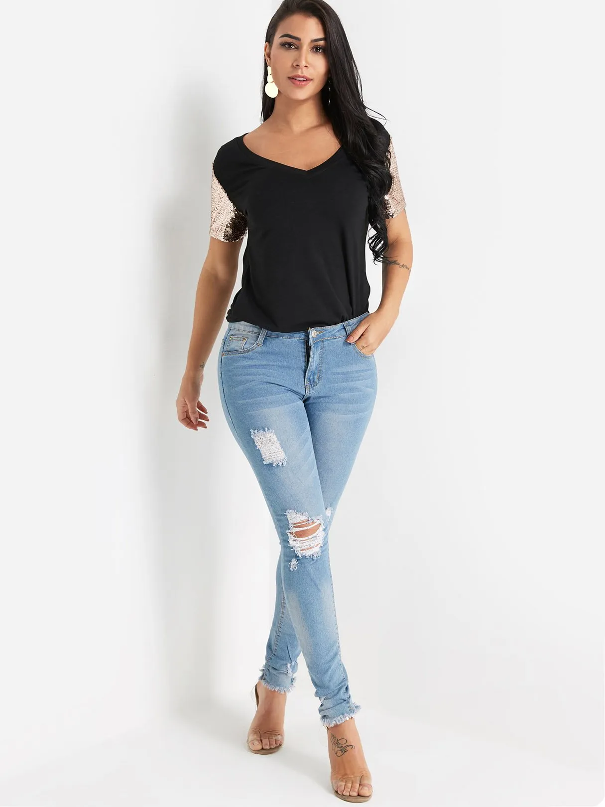 Custom V-Neck Sequins Embellished Short Sleeve T-Shirts