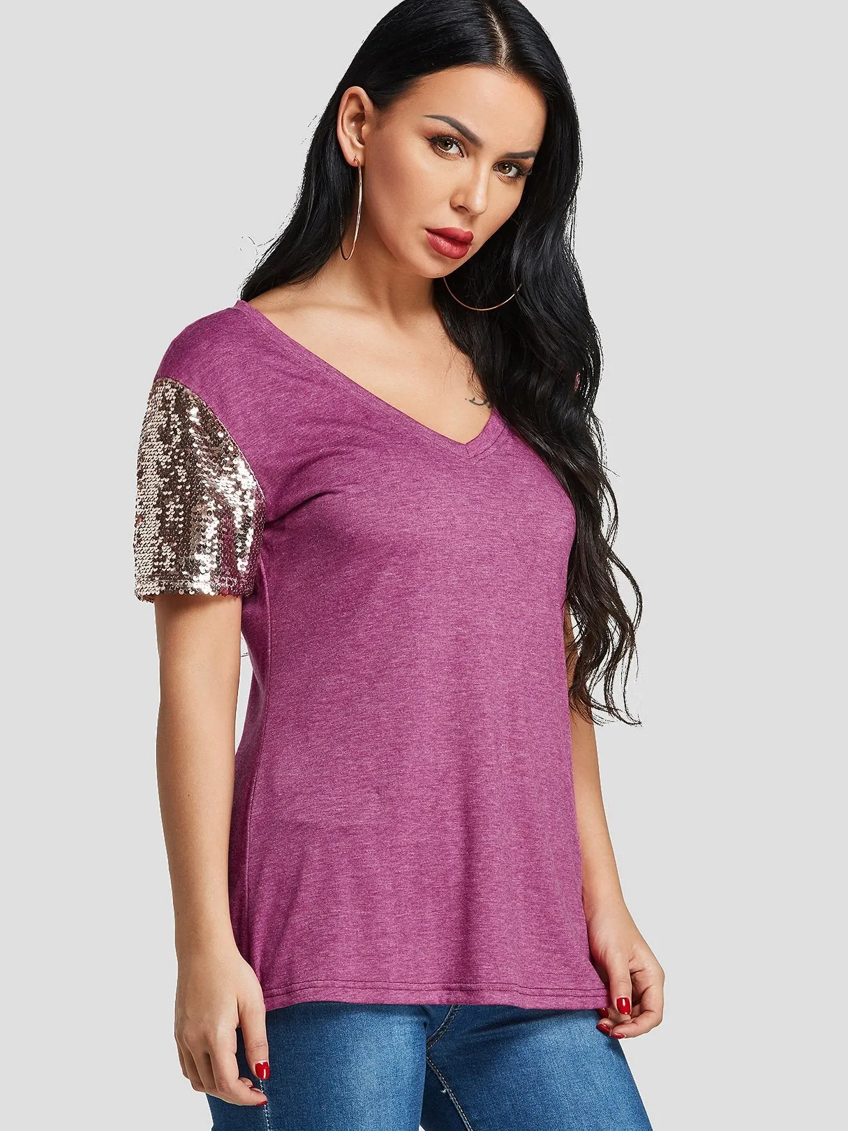 Custom V-Neck Sequins Embellished Short Sleeve T-Shirts