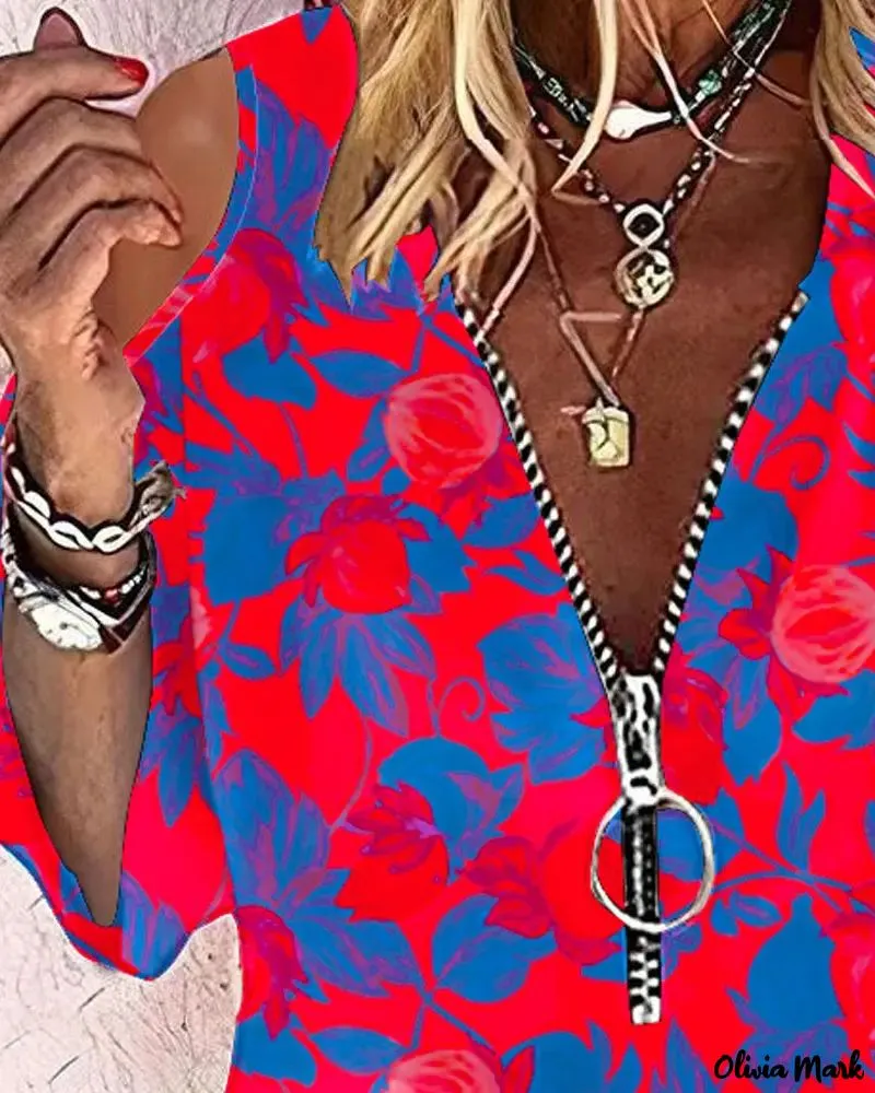 Deanwangkt - Floral Print Off Shoulder Zip Front Top