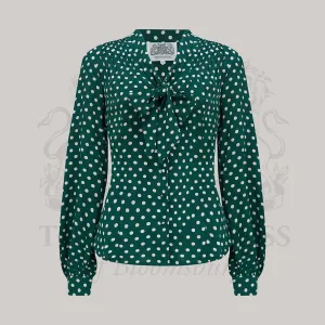 Eva Pussy Bow Blouse in Green Polka