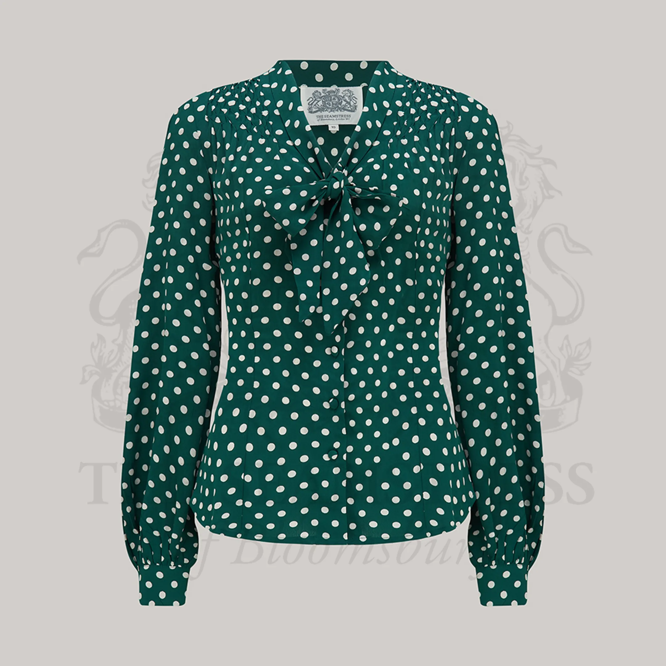 Eva Pussy Bow Blouse in Green Polka