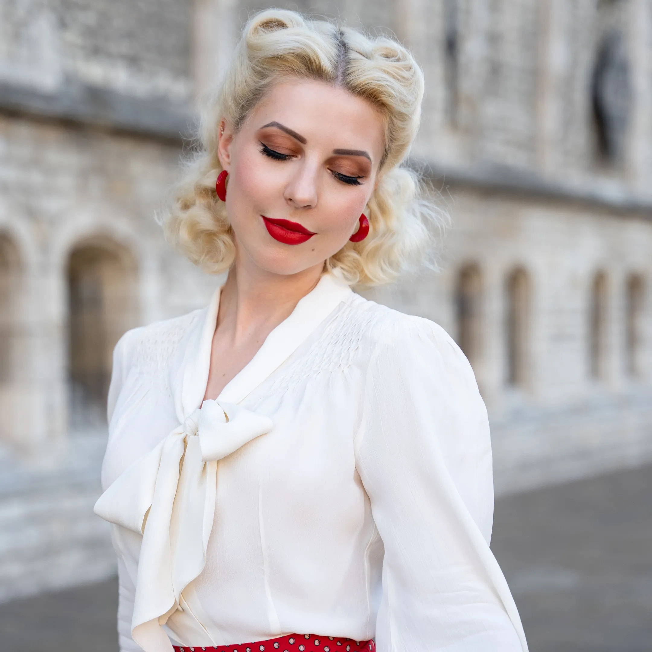Eva Pussy Bow Blouse in Green Polka