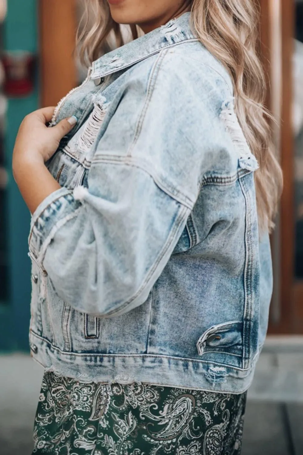 Everlee Distressed Drop Shoulder Denim Jacket