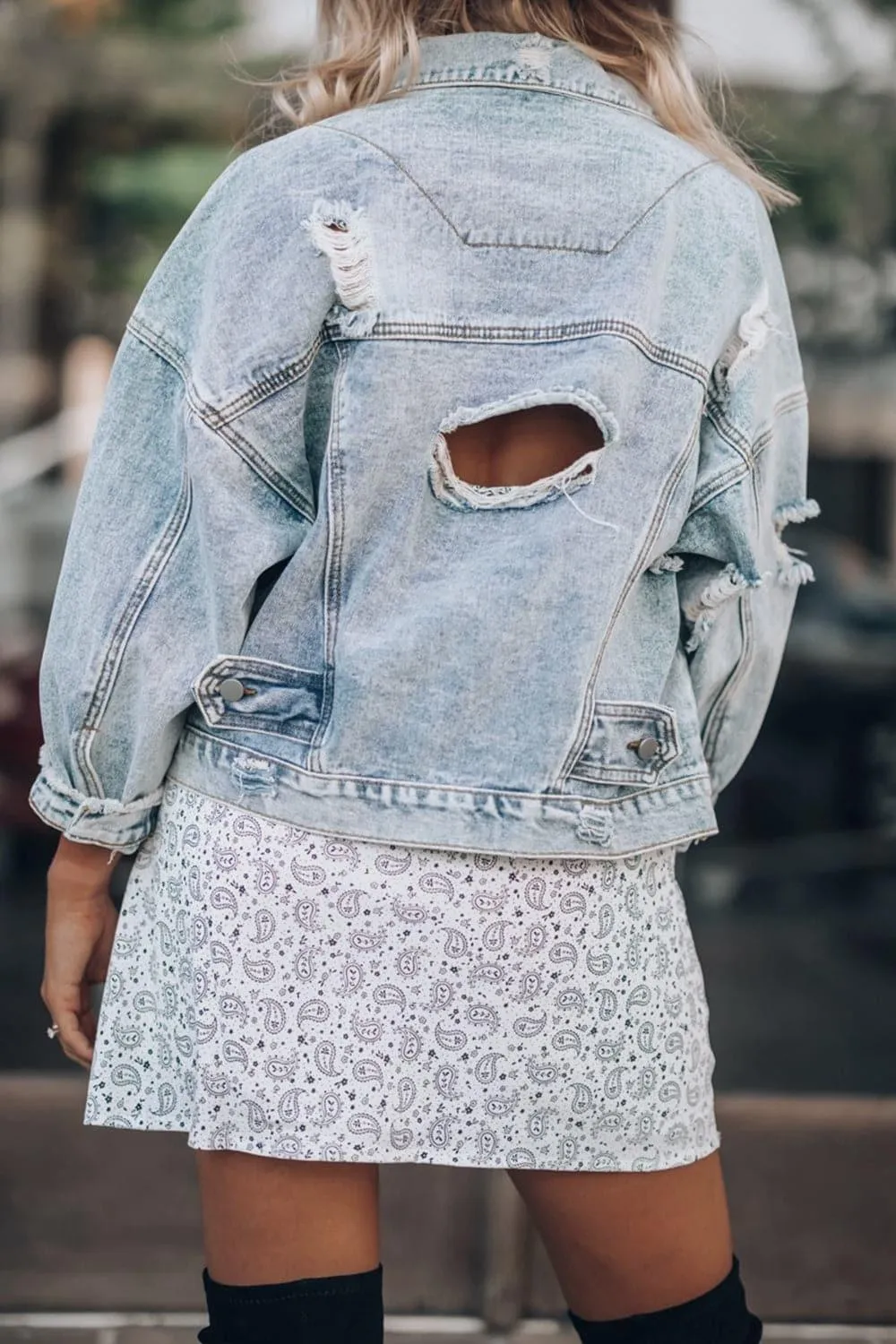 Everlee Distressed Drop Shoulder Denim Jacket