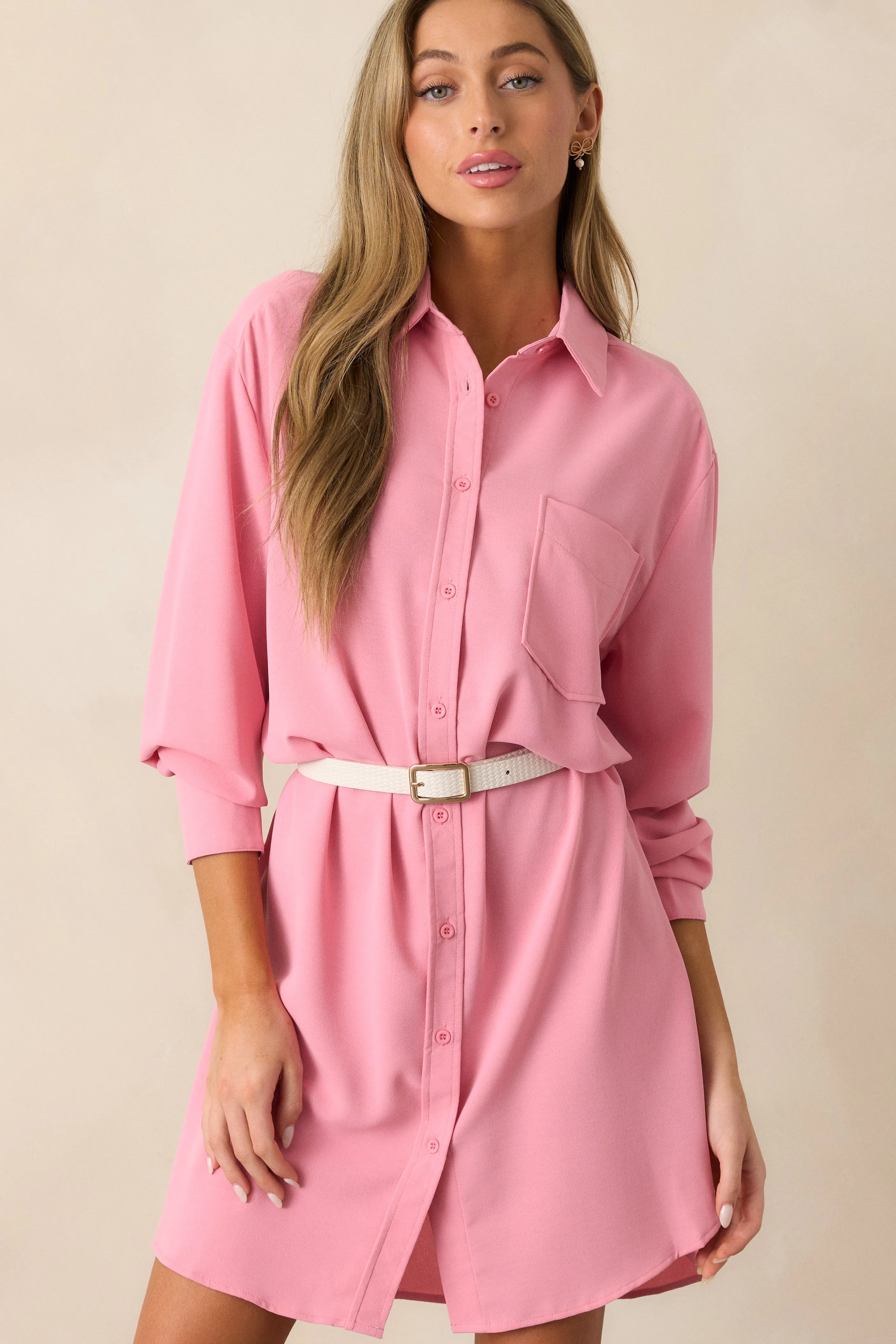 Finding Comfort Pink Button Front Mini Shirt Dress