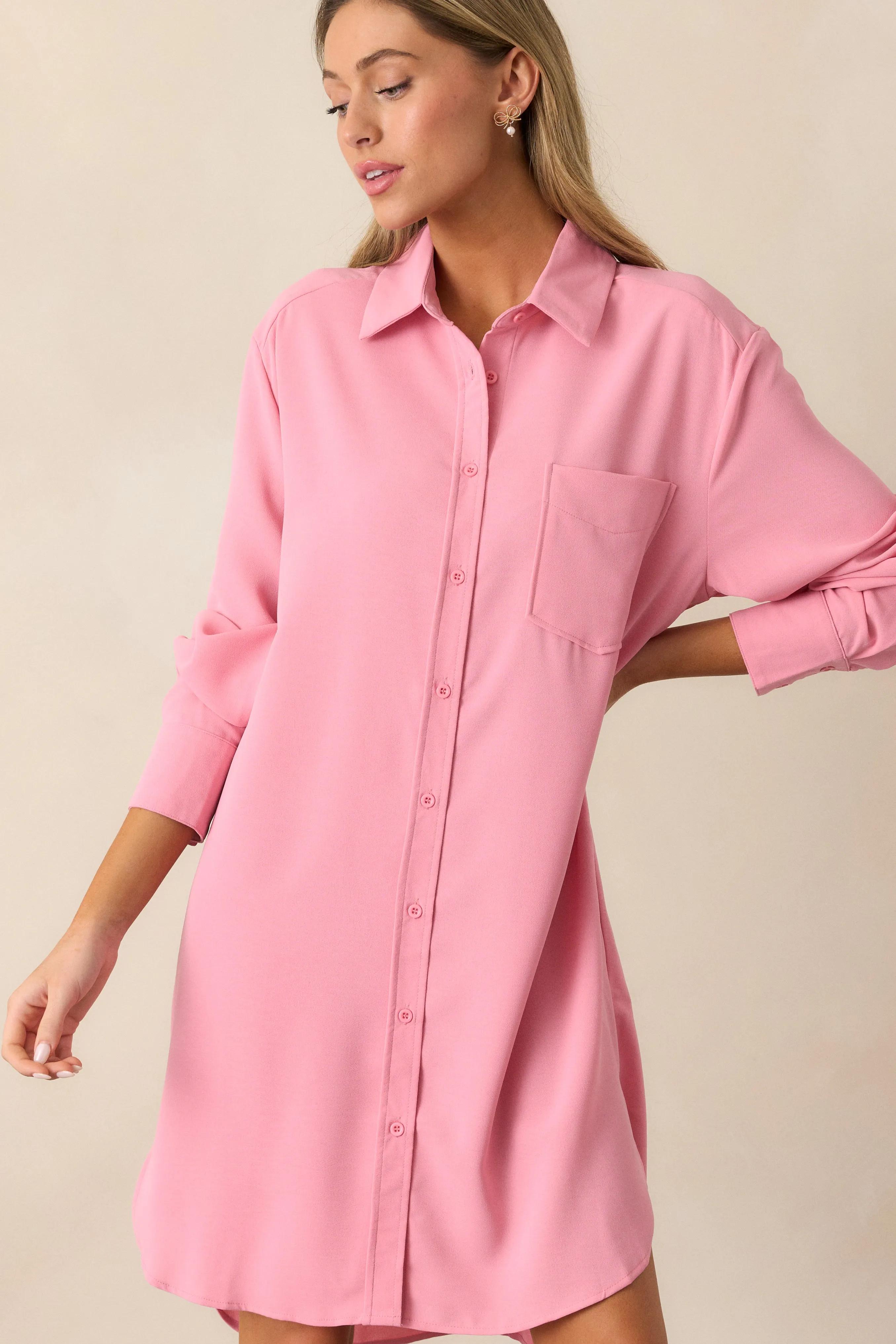 Finding Comfort Pink Button Front Mini Shirt Dress