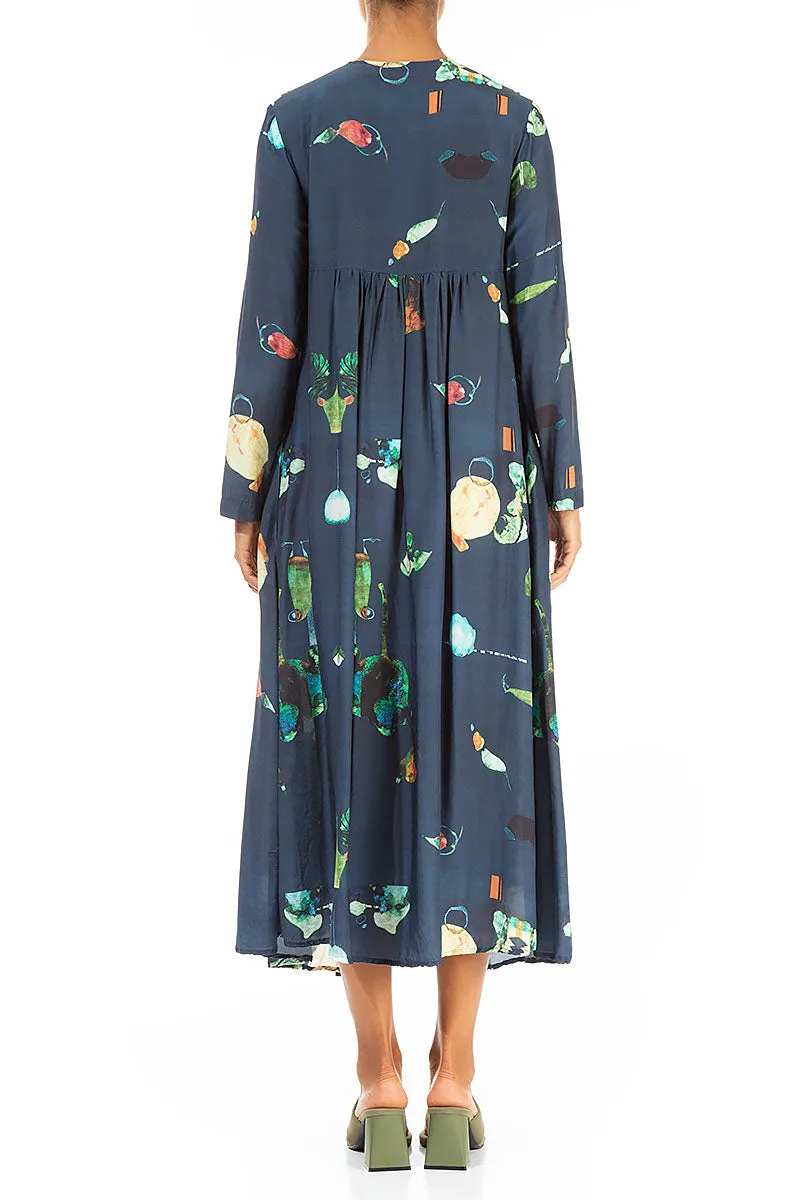 Front Tucks FairyTale Print Silk Bamboo Dress