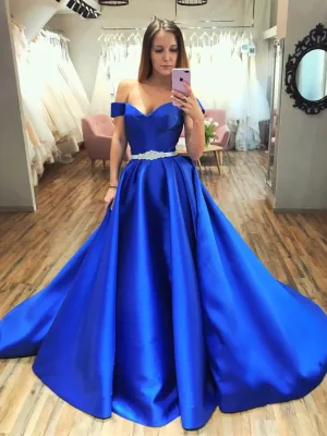 Gorgeous A-line Off the Shoulder Satin Long Prom Dresses Royal Blue Formal Evening Dresses