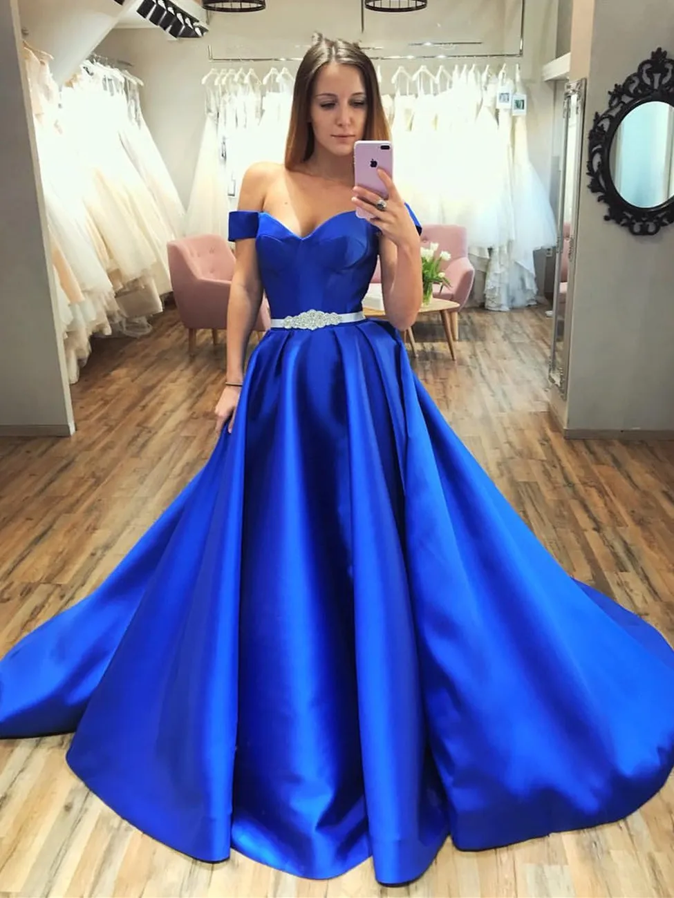 Gorgeous A-line Off the Shoulder Satin Long Prom Dresses Royal Blue Formal Evening Dresses