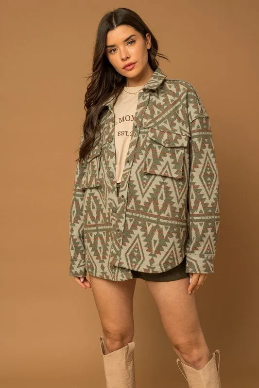 Green & Tan Aztec Print Shacket
