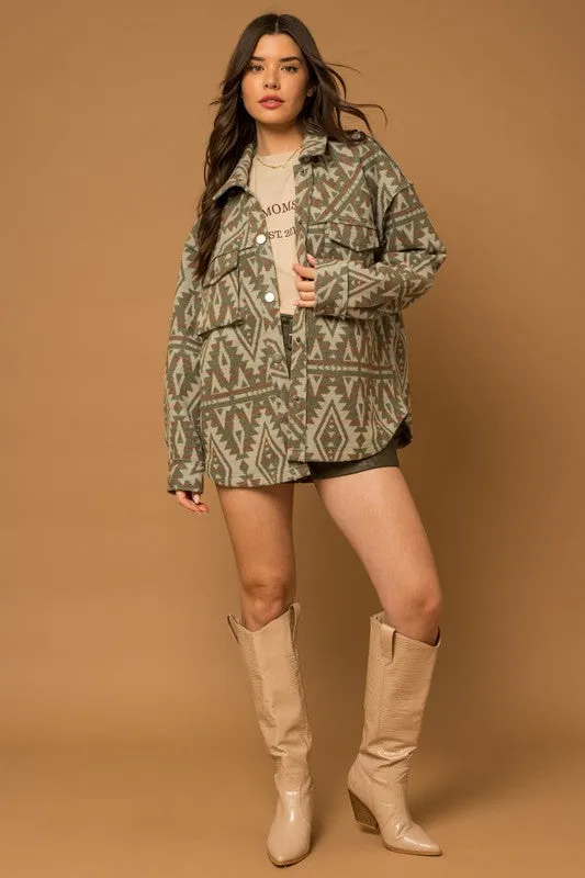 Green & Tan Aztec Print Shacket