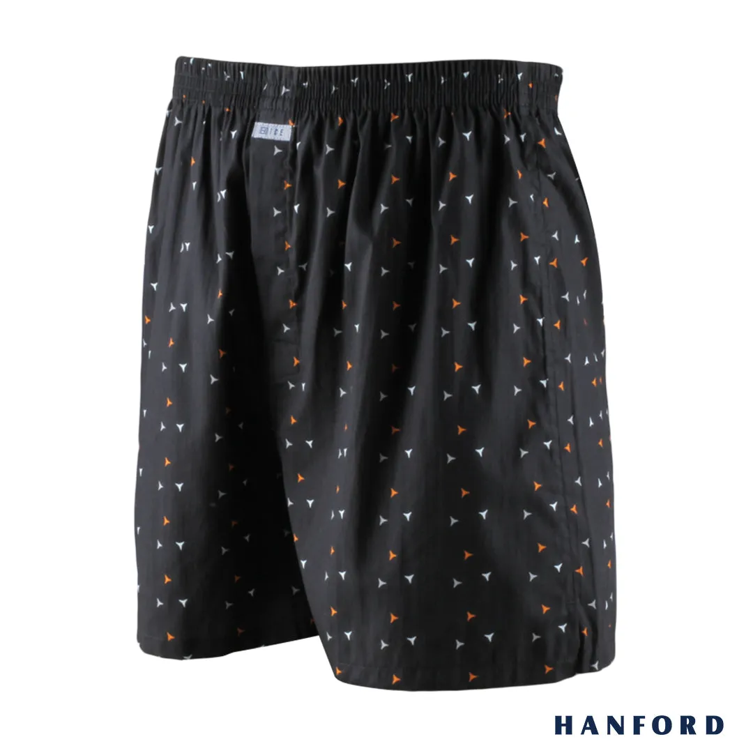 Hanford Men 100% Premium Cotton Woven Boxer Shorts Trigon - Trigon Print/Black (SinglePack)