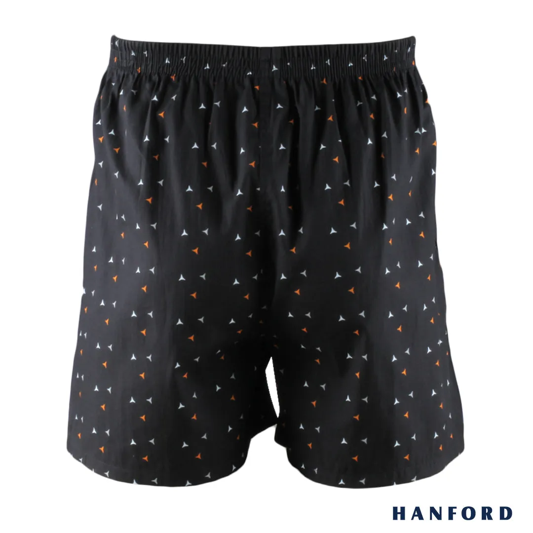 Hanford Men 100% Premium Cotton Woven Boxer Shorts Trigon - Trigon Print/Black (SinglePack)