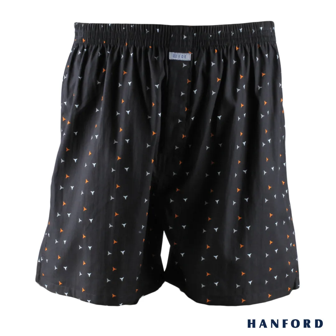 Hanford Men 100% Premium Cotton Woven Boxer Shorts Trigon - Trigon Print/Black (SinglePack)