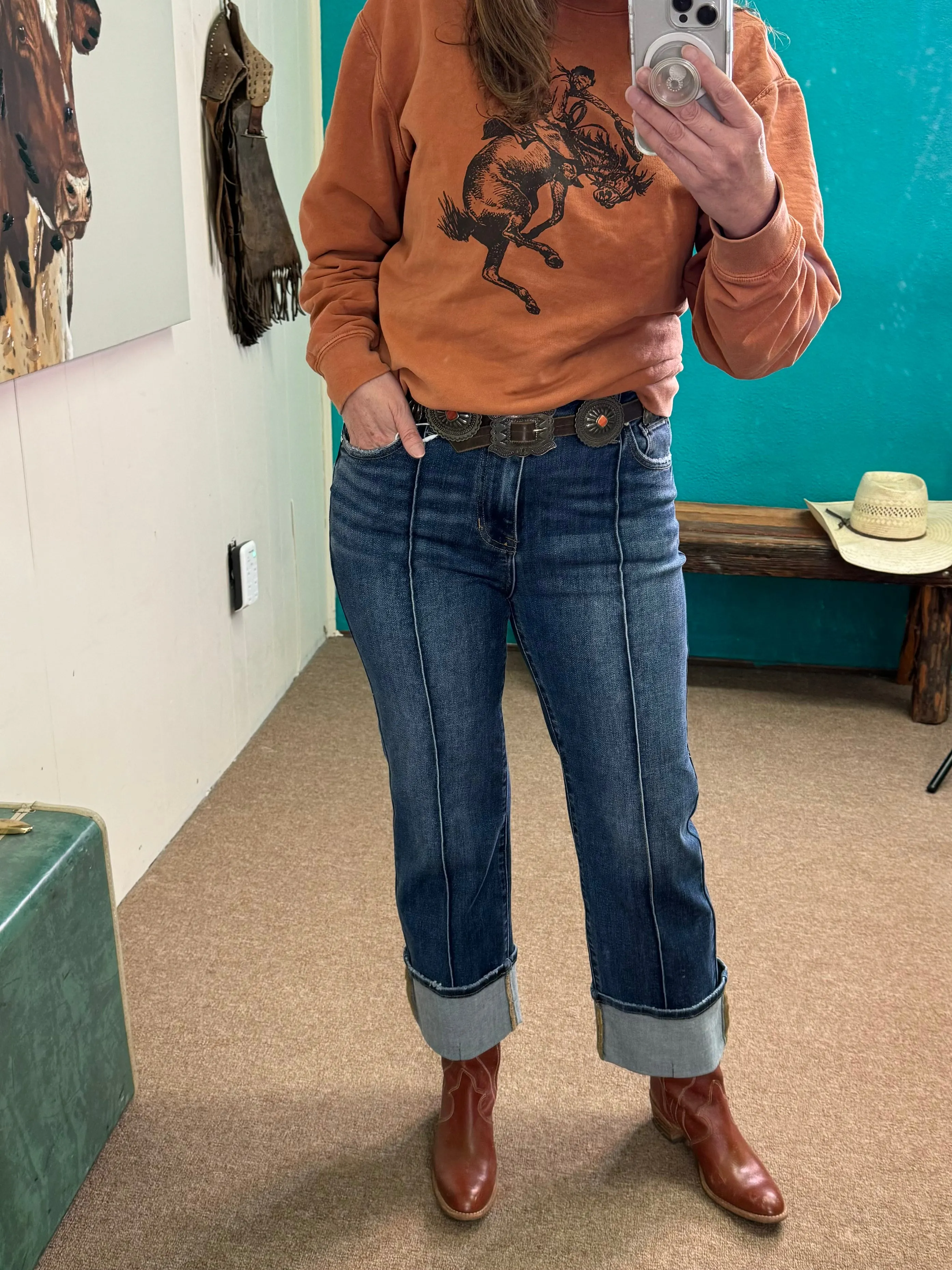 High Rise Straight Wide Cuff Crease Risen Jeans