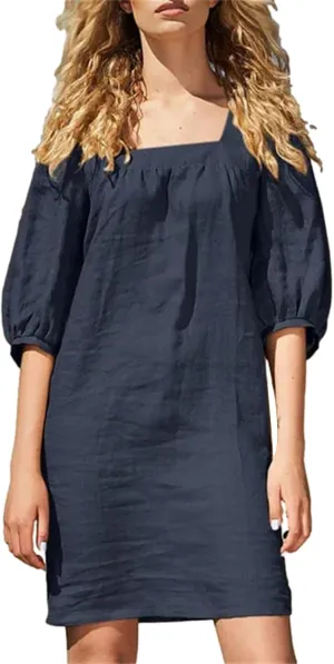 hlysgo Beach Dress for Women Plus Size Cotton Linen Half Sleeve Square Neck Mini Dress Summer Loose Comfy Knee Length Dress