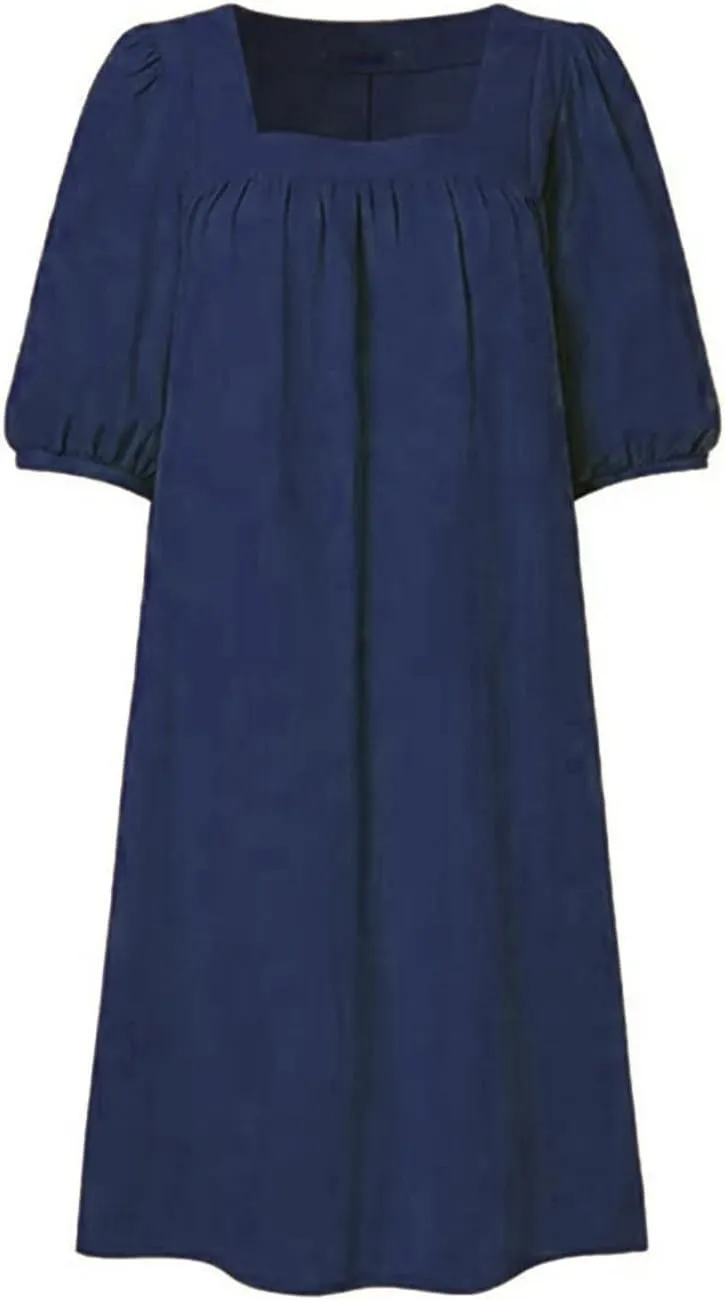 hlysgo Beach Dress for Women Plus Size Cotton Linen Half Sleeve Square Neck Mini Dress Summer Loose Comfy Knee Length Dress
