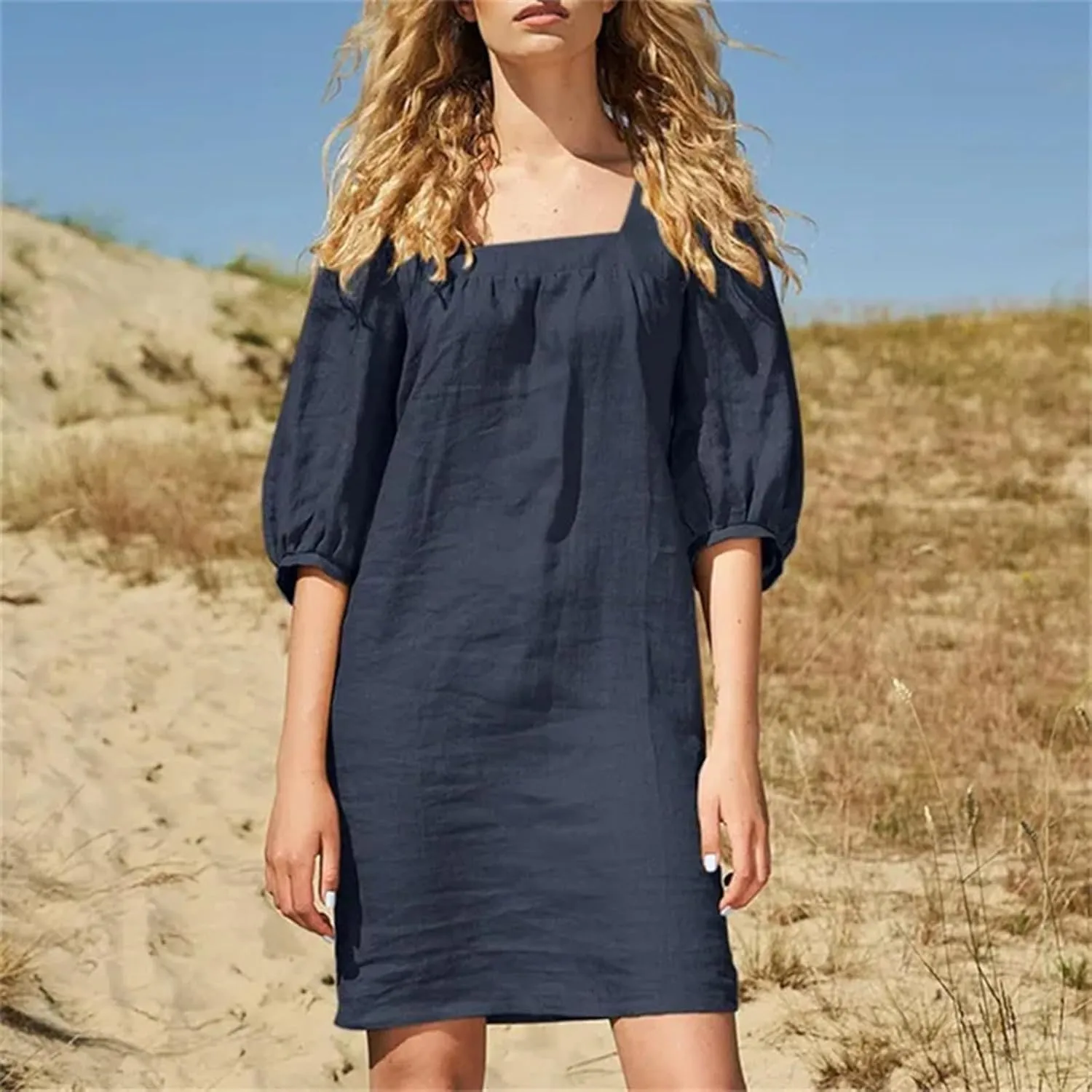 hlysgo Beach Dress for Women Plus Size Cotton Linen Half Sleeve Square Neck Mini Dress Summer Loose Comfy Knee Length Dress