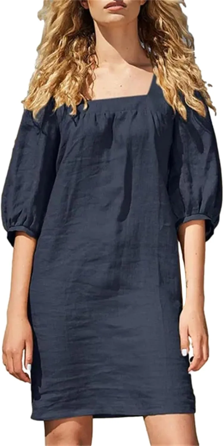 hlysgo Beach Dress for Women Plus Size Cotton Linen Half Sleeve Square Neck Mini Dress Summer Loose Comfy Knee Length Dress