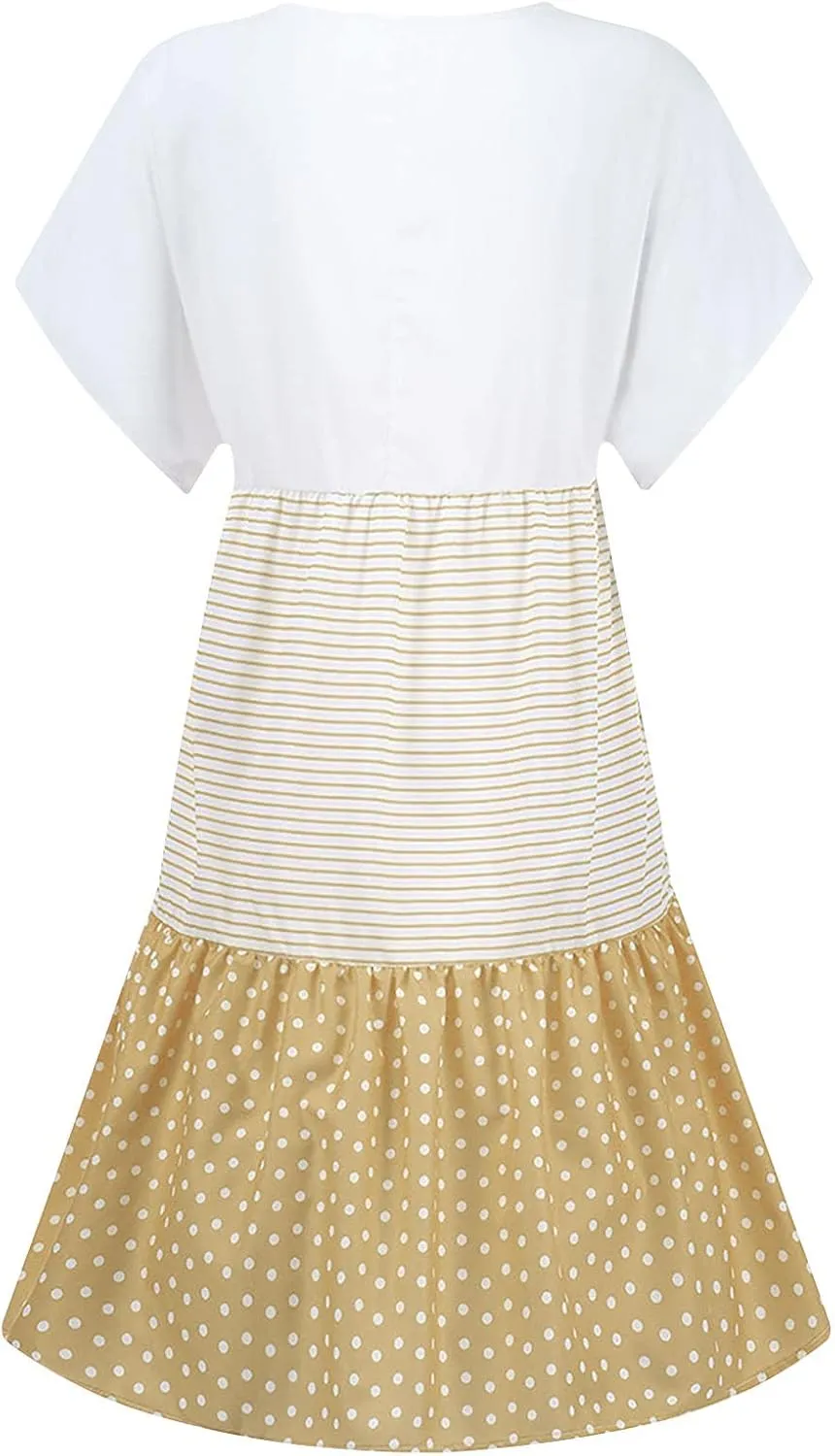 hlysgo Summer Dresses for Women Plus Size Short Sleeve V Neck Mini Dress Trendy Polka Dots Stripes Knee Length Peplum Dress