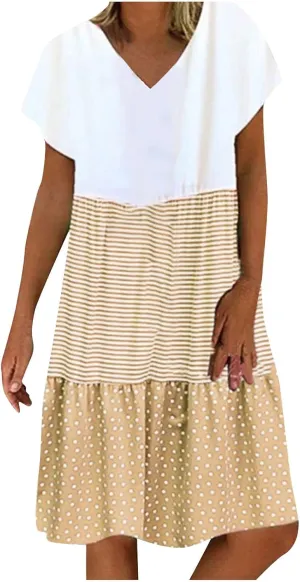 hlysgo Summer Dresses for Women Plus Size Short Sleeve V Neck Mini Dress Trendy Polka Dots Stripes Knee Length Peplum Dress