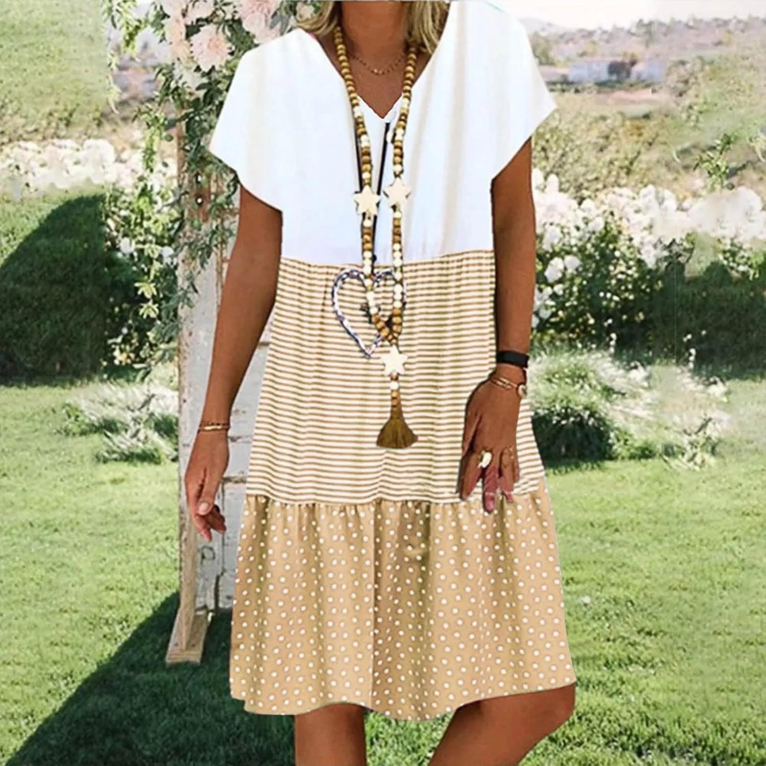 hlysgo Summer Dresses for Women Plus Size Short Sleeve V Neck Mini Dress Trendy Polka Dots Stripes Knee Length Peplum Dress
