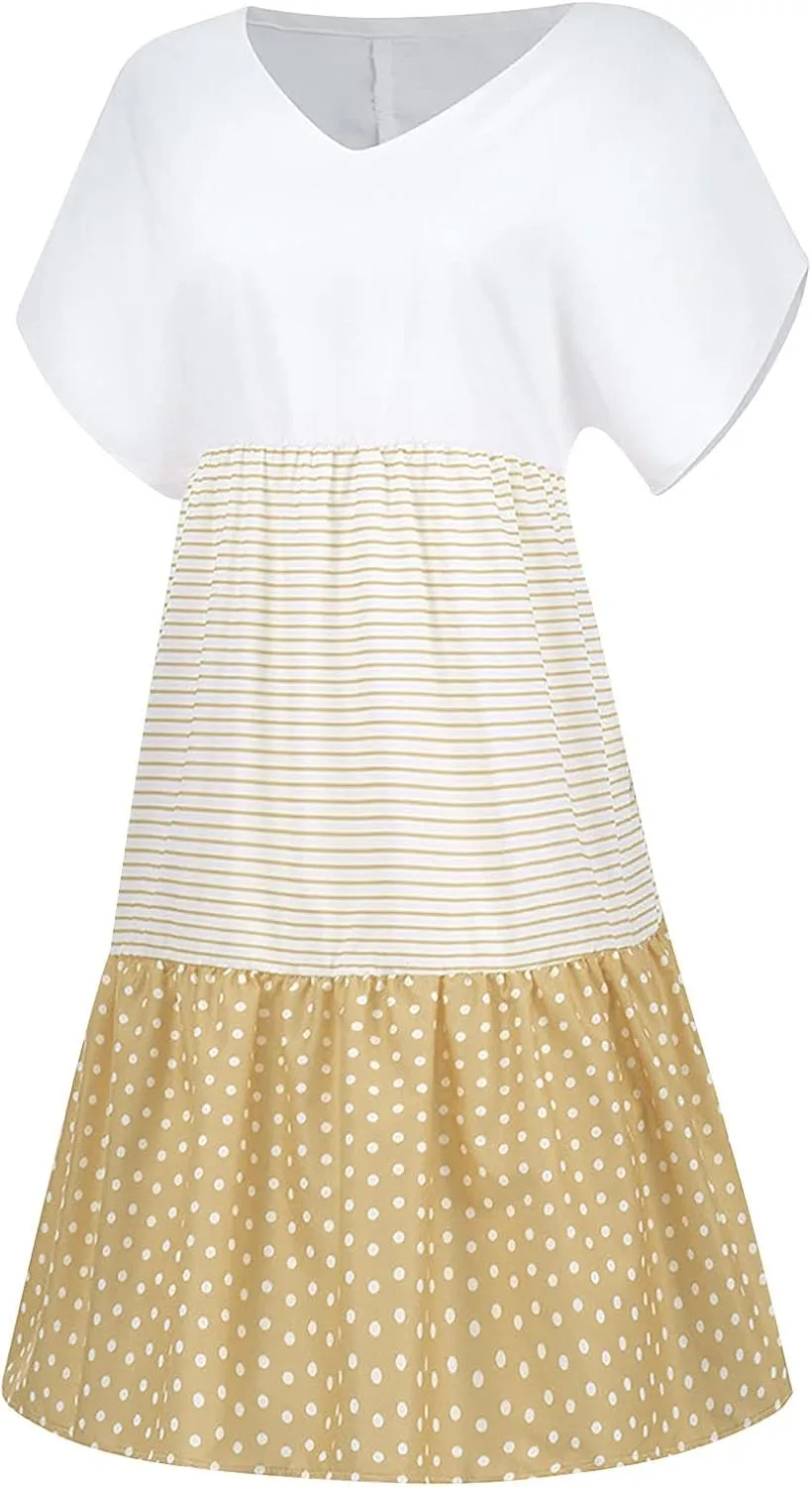 hlysgo Summer Dresses for Women Plus Size Short Sleeve V Neck Mini Dress Trendy Polka Dots Stripes Knee Length Peplum Dress