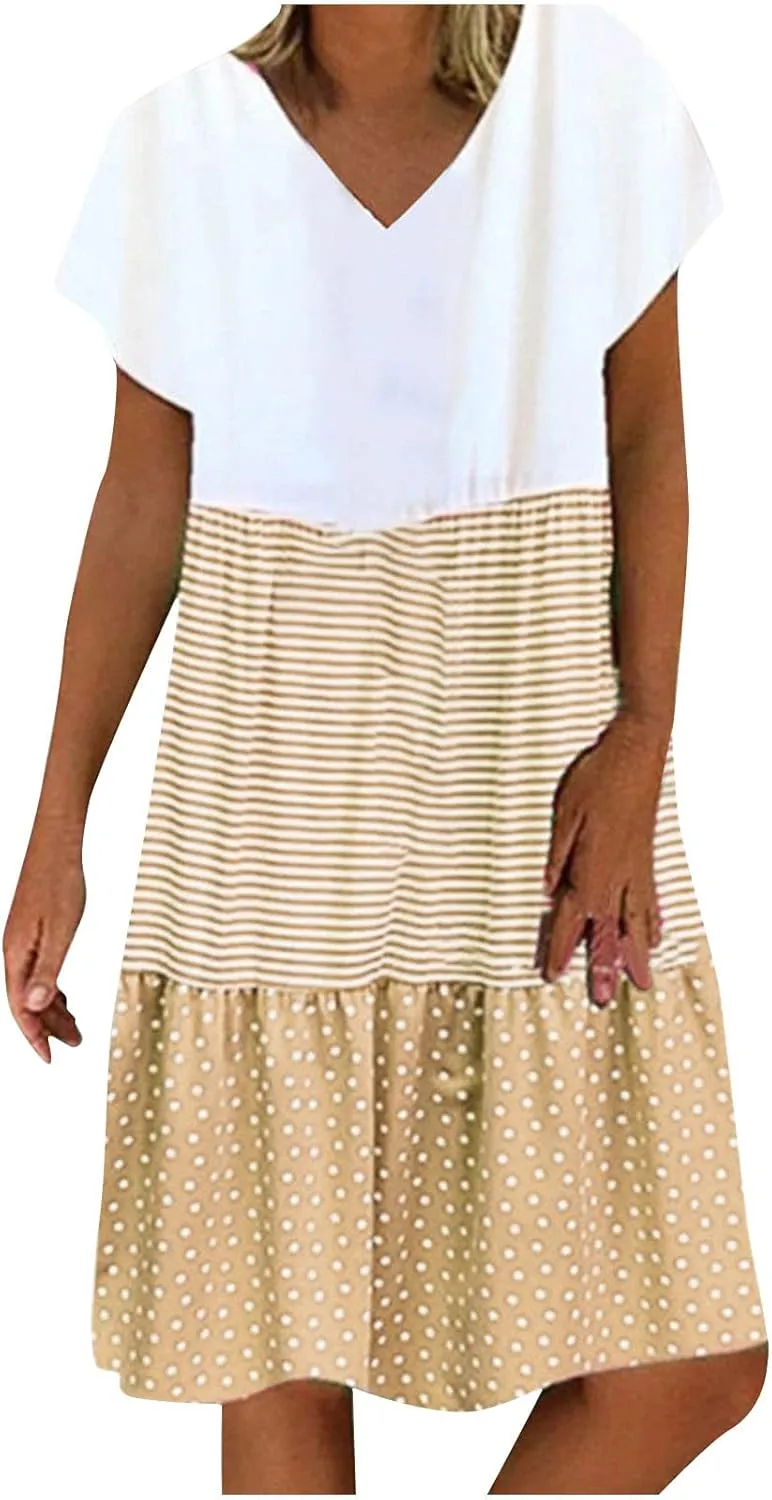 hlysgo Summer Dresses for Women Plus Size Short Sleeve V Neck Mini Dress Trendy Polka Dots Stripes Knee Length Peplum Dress