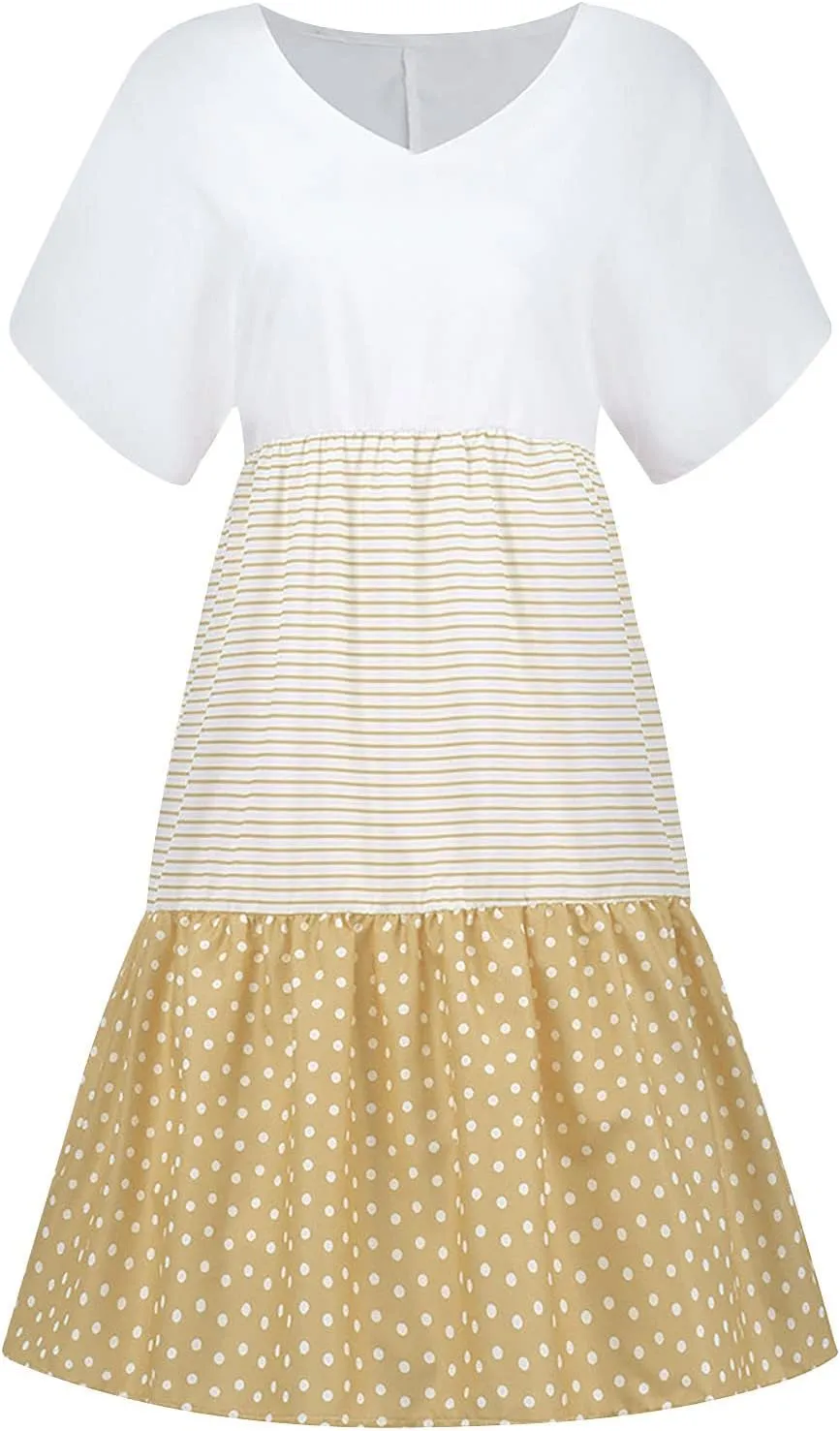 hlysgo Summer Dresses for Women Plus Size Short Sleeve V Neck Mini Dress Trendy Polka Dots Stripes Knee Length Peplum Dress