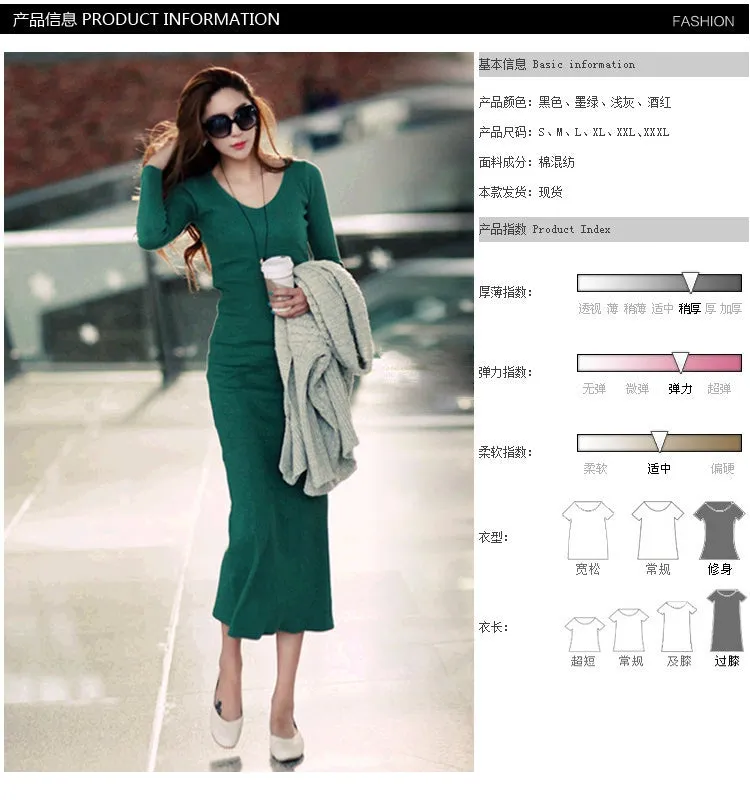 Korean Slim Look Knitted Dress Women V-Neck Hip Flattering Elegant Sleeve Length Dress