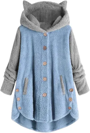 maisdgop Womens Sherpa Jacket Cute Cat Ear Fleece Hooded Sweatshirt Color Block Warm Winter Oversized Outerwear with Pockets