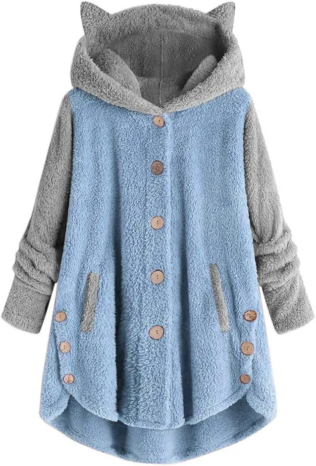 maisdgop Womens Sherpa Jacket Cute Cat Ear Fleece Hooded Sweatshirt Color Block Warm Winter Oversized Outerwear with Pockets