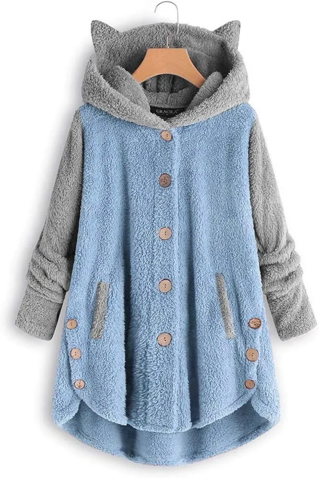 maisdgop Womens Sherpa Jacket Cute Cat Ear Fleece Hooded Sweatshirt Color Block Warm Winter Oversized Outerwear with Pockets