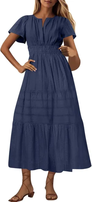 Midi Dress for Women Spring Summer Dressy Casual Vacation Dresses Short Sleeve Boho Trendy Restro Wear Clothes