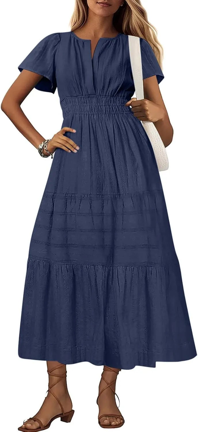 Midi Dress for Women Spring Summer Dressy Casual Vacation Dresses Short Sleeve Boho Trendy Restro Wear Clothes