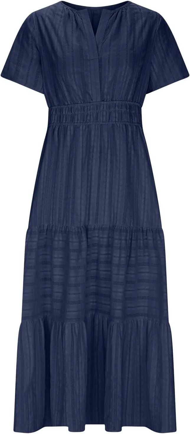 Midi Dress for Women Spring Summer Dressy Casual Vacation Dresses Short Sleeve Boho Trendy Restro Wear Clothes