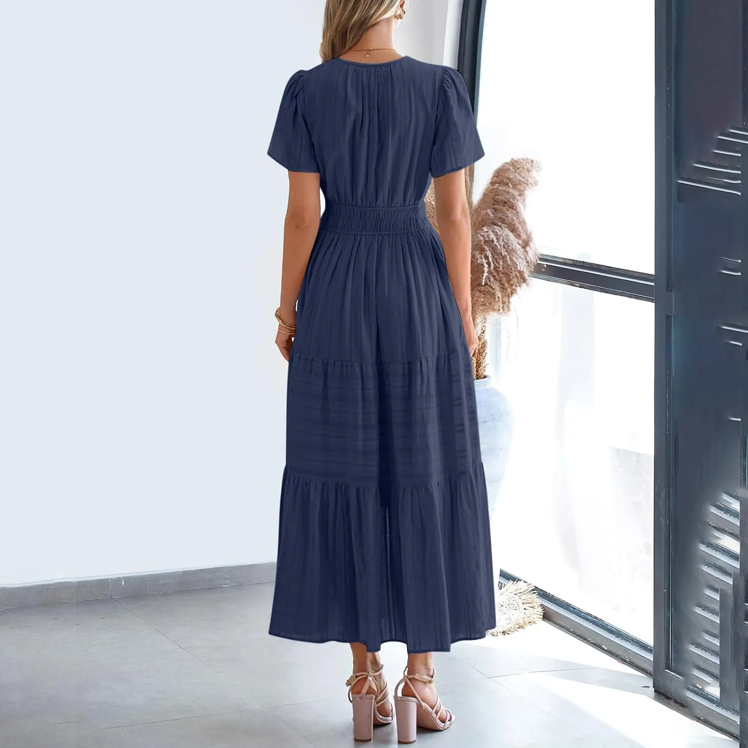 Midi Dress for Women Spring Summer Dressy Casual Vacation Dresses Short Sleeve Boho Trendy Restro Wear Clothes