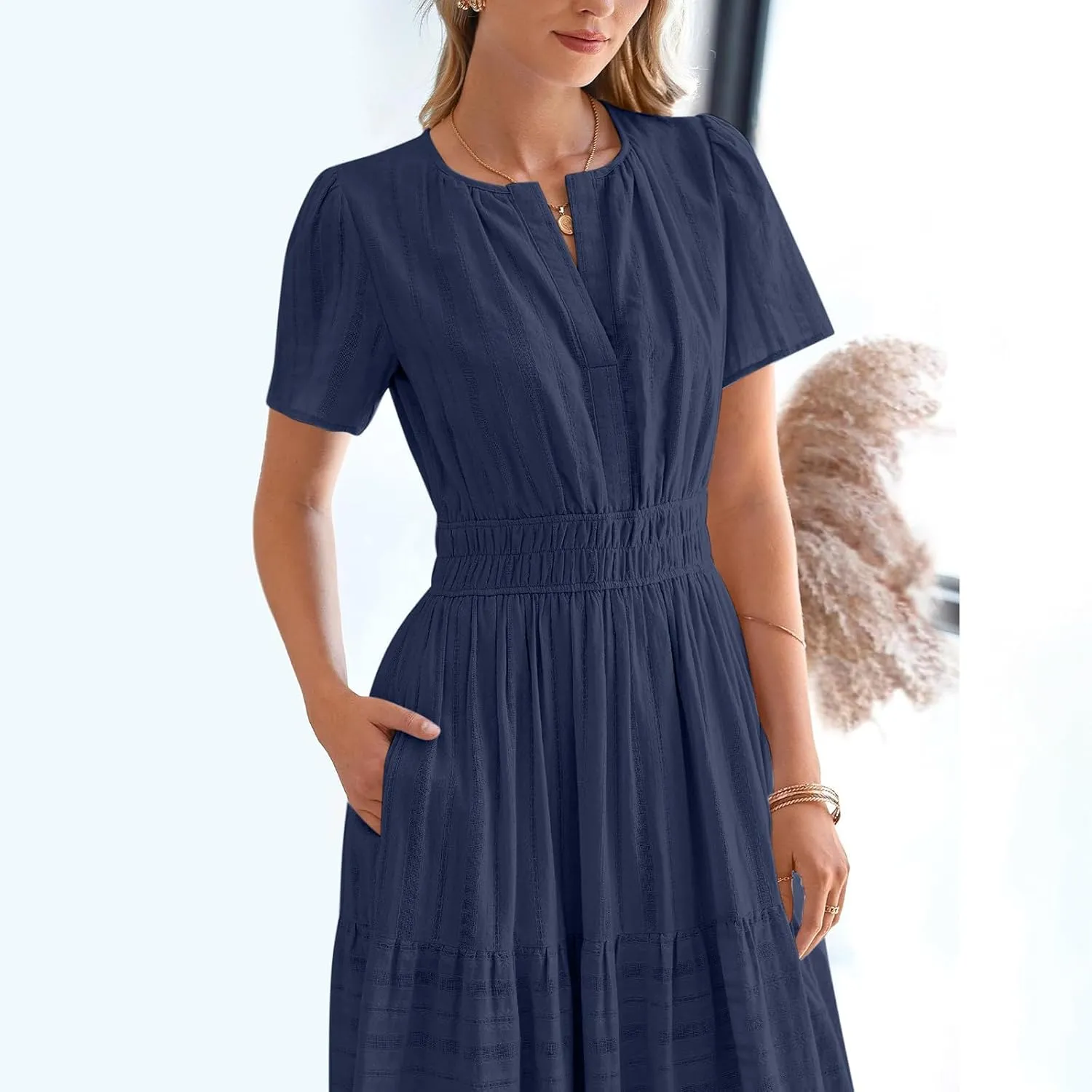 Midi Dress for Women Spring Summer Dressy Casual Vacation Dresses Short Sleeve Boho Trendy Restro Wear Clothes