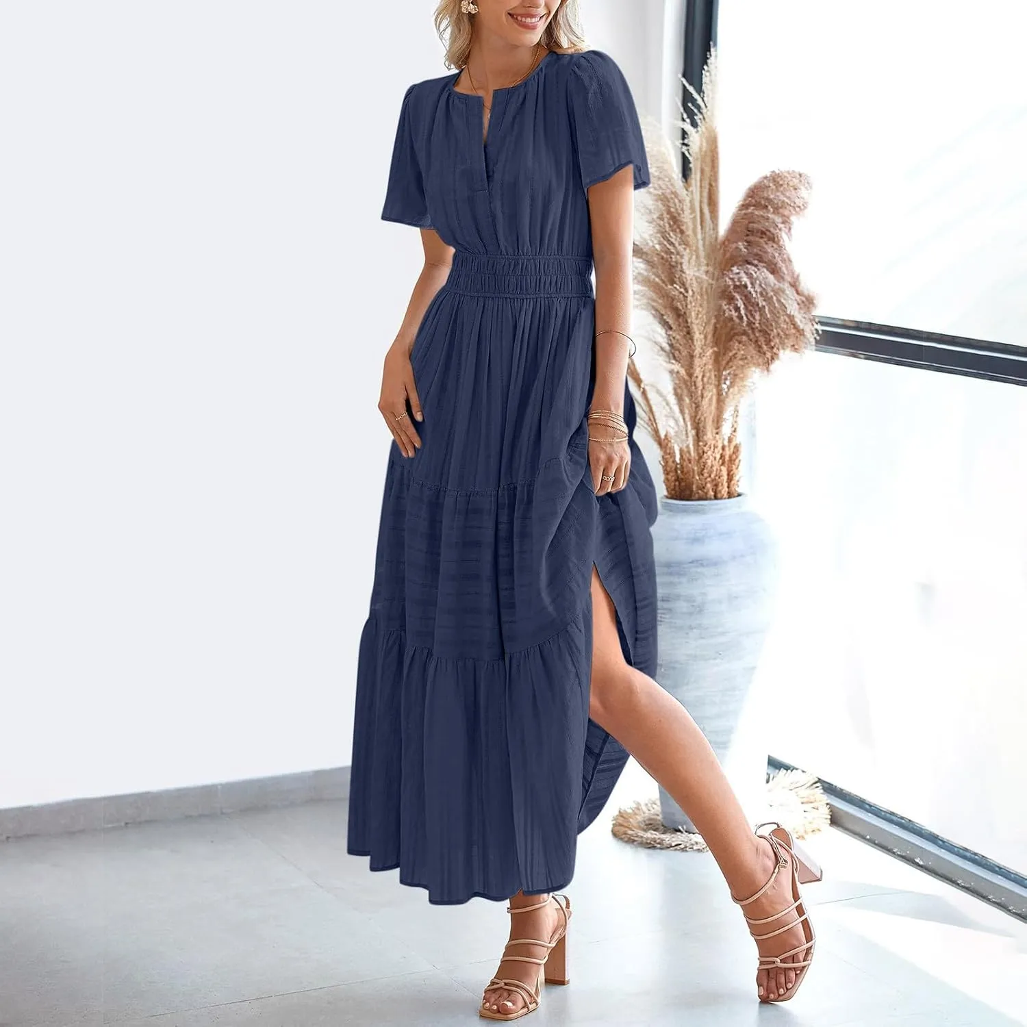 Midi Dress for Women Spring Summer Dressy Casual Vacation Dresses Short Sleeve Boho Trendy Restro Wear Clothes