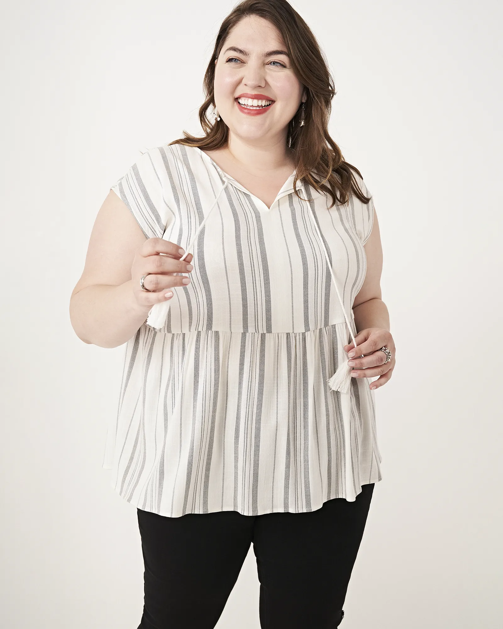 Minnie Tassel Tie-Neck Peplum Top | Ivory / Light Grey