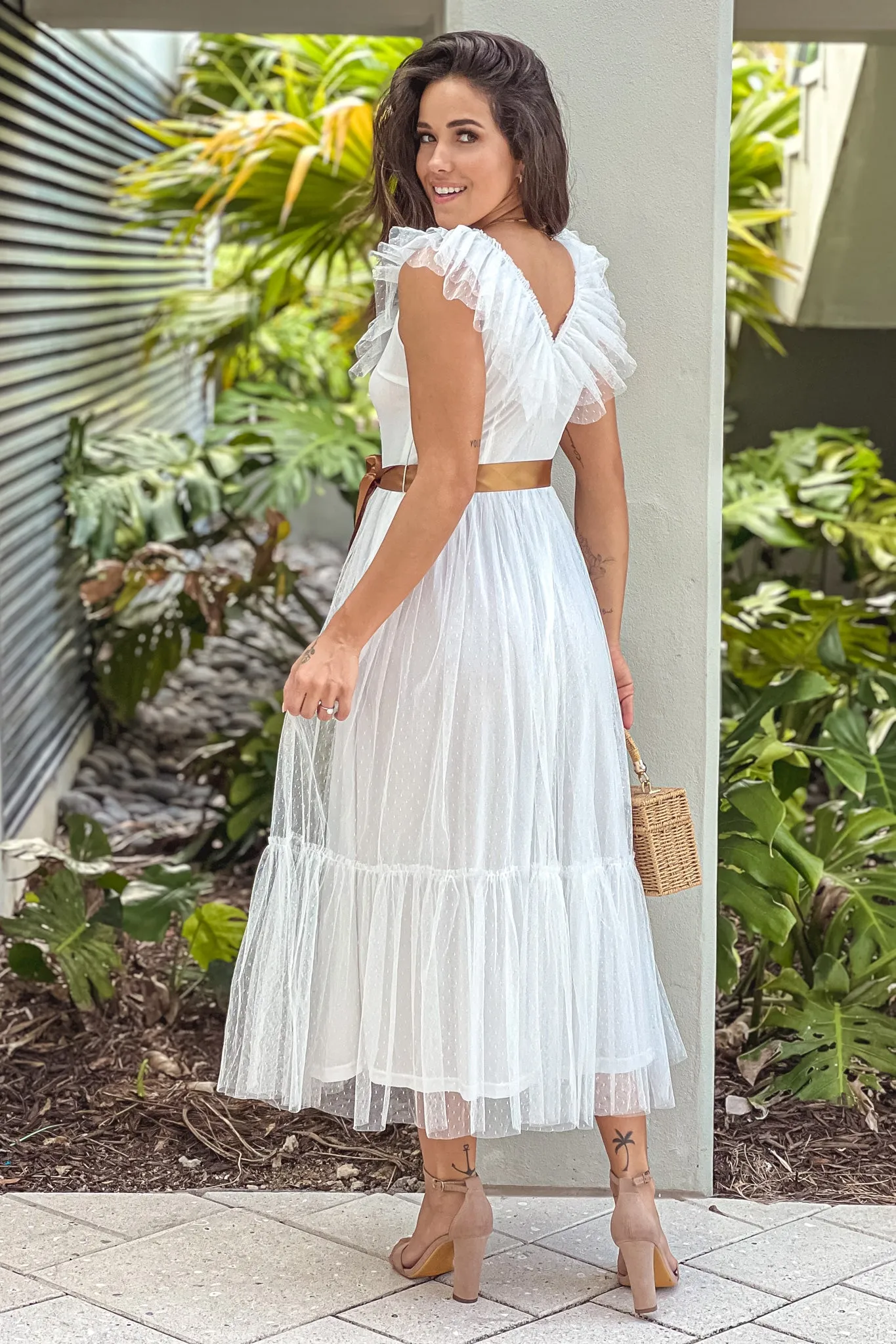 Off White Ruffled Dress With Satin Belt