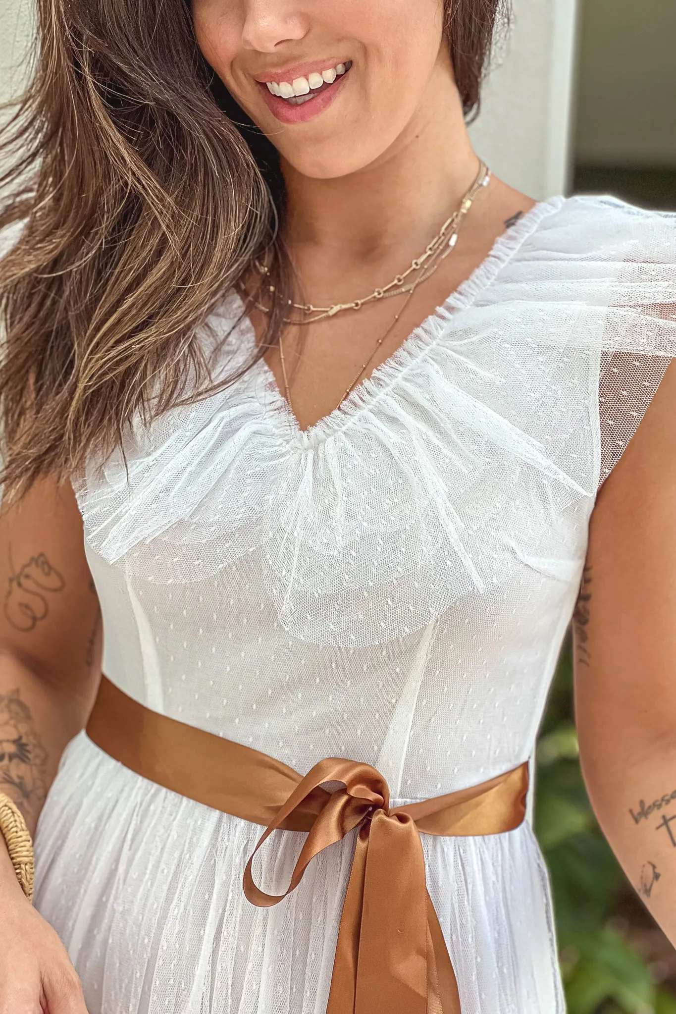Off White Ruffled Dress With Satin Belt