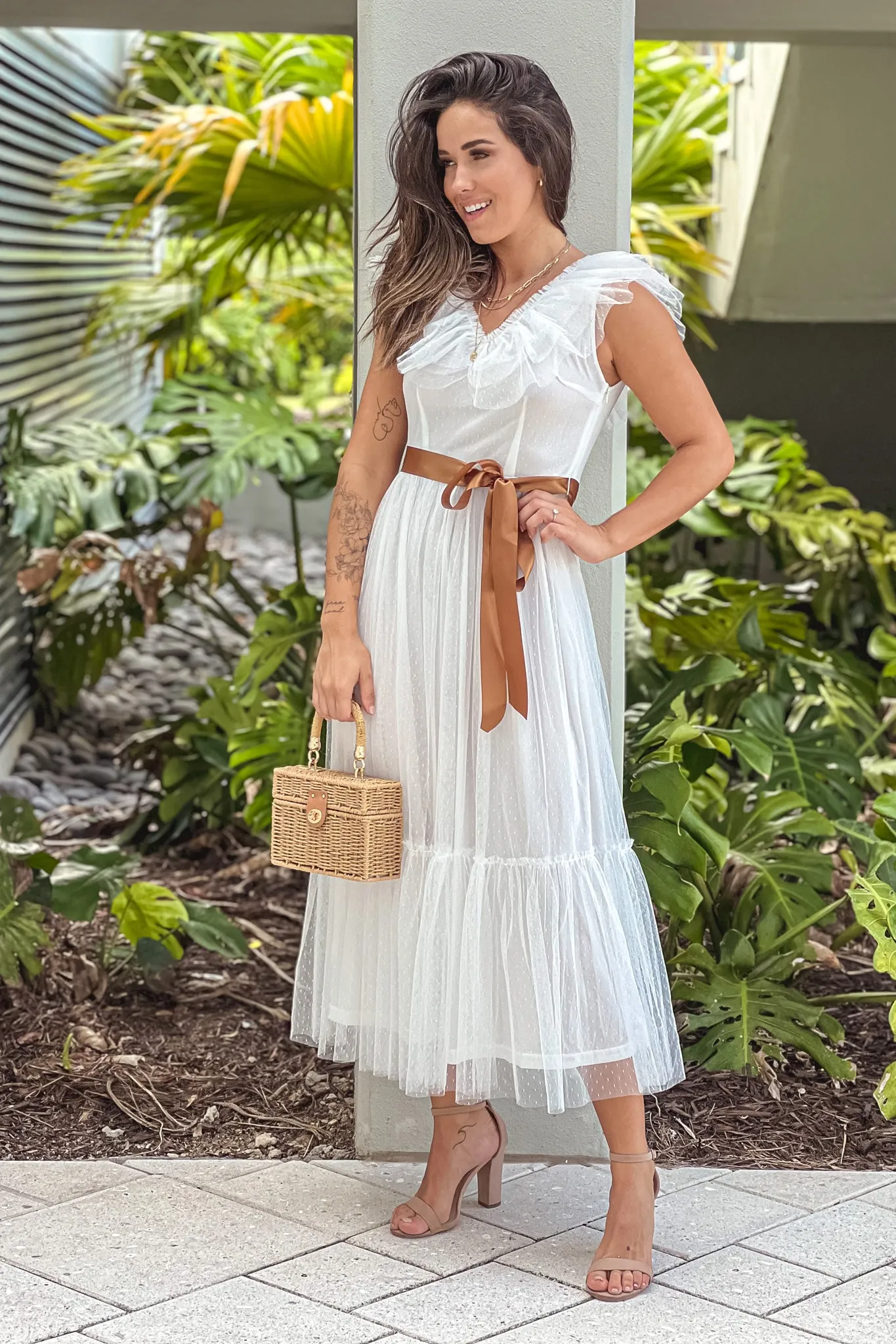 Off White Ruffled Dress With Satin Belt