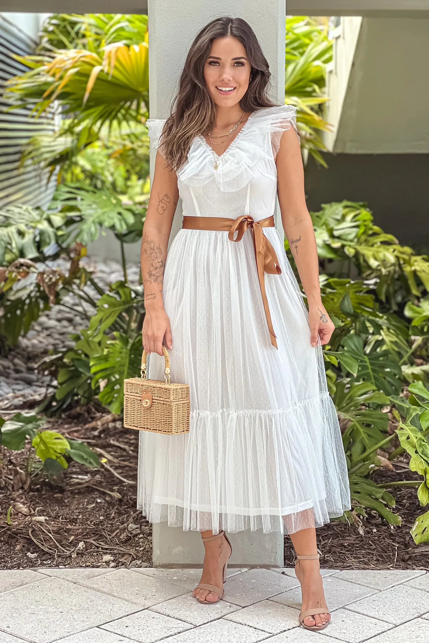Off White Ruffled Dress With Satin Belt