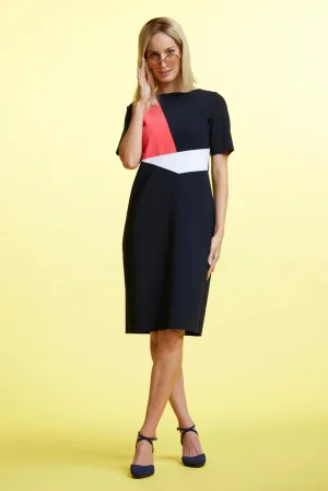 Paula Ryan Spliced Bodice Dress - Navy/Peony/White