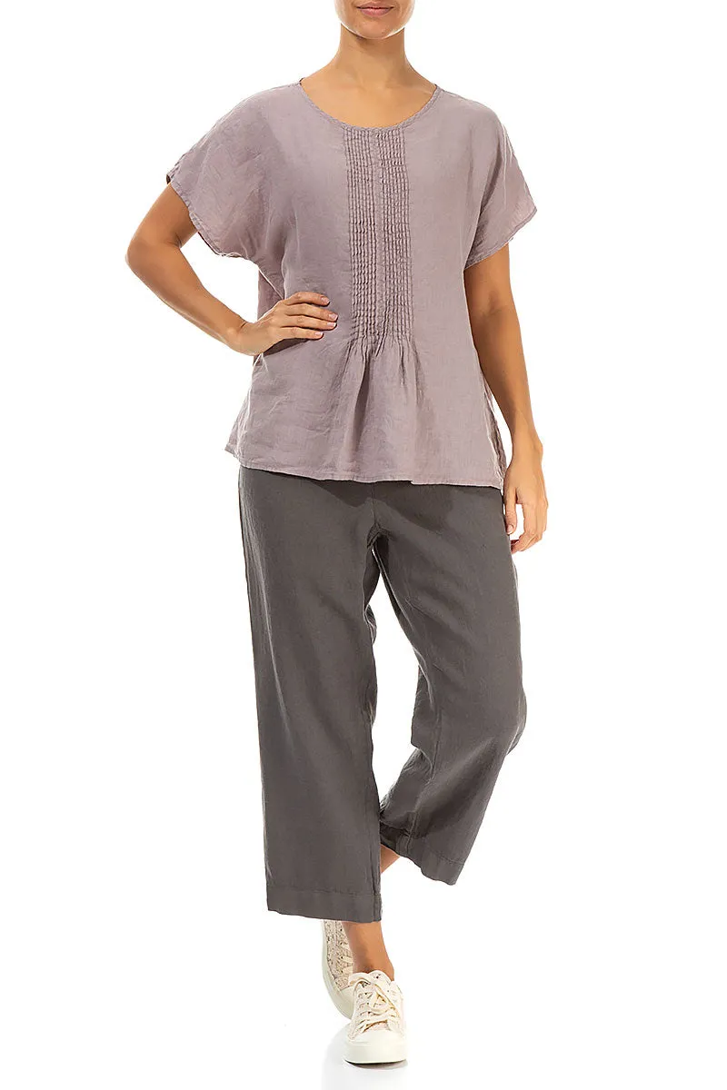 Pin-Tucked Greige Linen Blouse